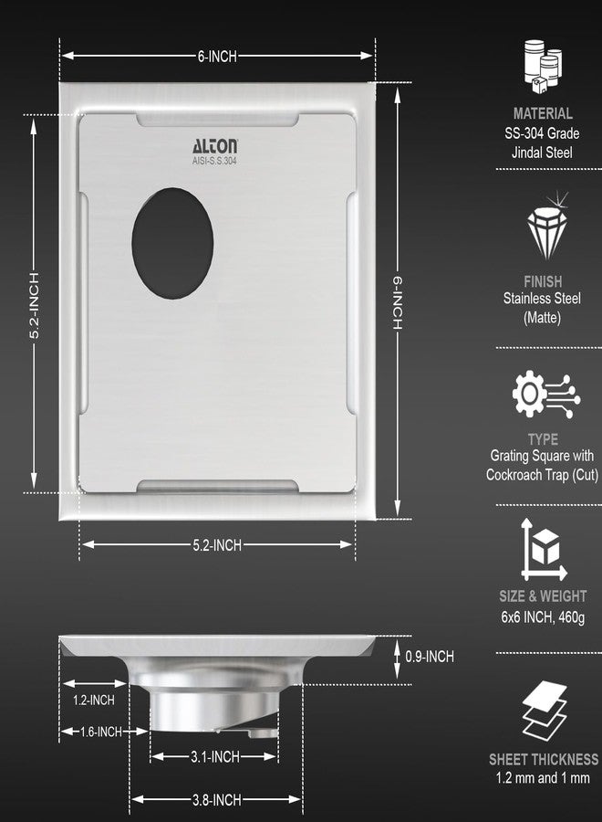 ALTON ALD1005, SS-304 Grade, 6x6 INCH Cut, Bathroom Grating Square Floor Drain Jali with Cockroach Trap, Matte - Image 2